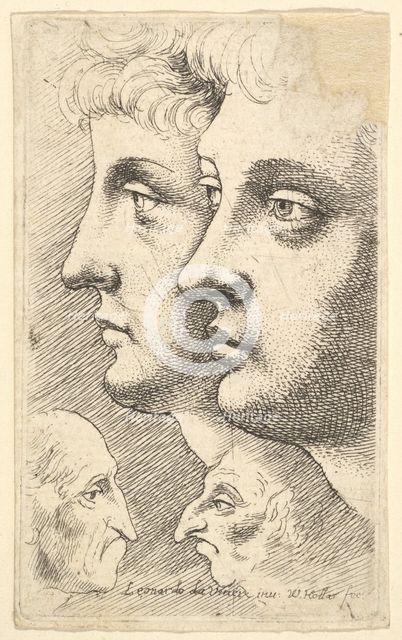 Two youths in profile to left with two grotesque heads facing each other below, 1625-77. Creator: Wenceslaus Hollar.