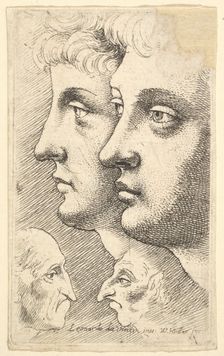 Two youths in profile to left with two grotesque heads facing each other below, 1625-77. Creator: Wenceslaus Hollar