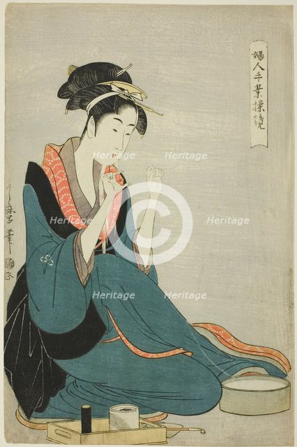 Tying Thread, from the series “Women’s Handicrafts: Models of Dexterity" ("Fujin tewaza..., c1797/98 Creator: Kitagawa Utamaro.