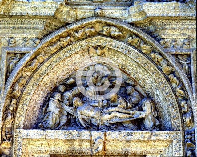 Tympanum of the Pieta on the façade of the Dominican nuns convent of Casalareina,16th century, in…