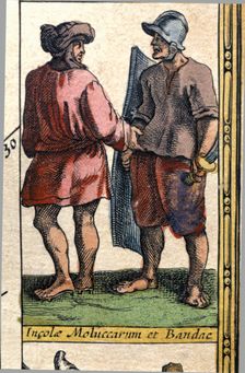 Types from the Moluccas and Banda, colored engraving from the book Le Theatre du monde or Nouv…