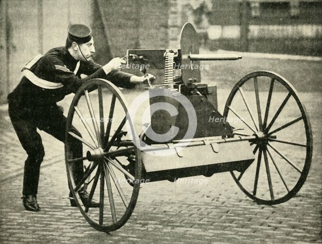 'Types of Arms - Lord Dundonald's Galloping Gun-Carriage with Maxim', 1900. Creator: Gregory & Co.