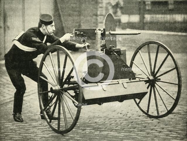 'Types of Arms - Lord Dundonald's Galloping Gun-Carriage with Maxim', 1900. Creator: Gregory & Co.