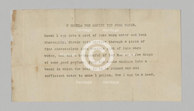 Typewritten formula for Poro hair rinse, 1915-1953    . Creator: Unknown.