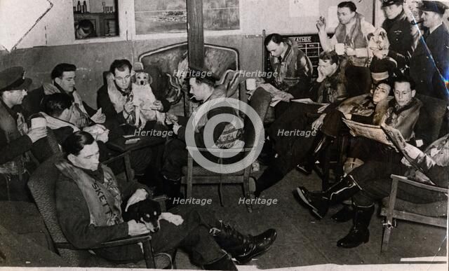 Typhoon pilots in their disperal hut, 12th April 1943. Artist: Unknown