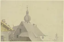 Tyrolean village church and the surrounding houses with a view of the Alps, 19th century. Creator: Karl Ballenberger