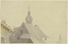 Tyrolean village church and the surrounding houses with a view of the Alps, 19th century. Creator: Karl Ballenberger