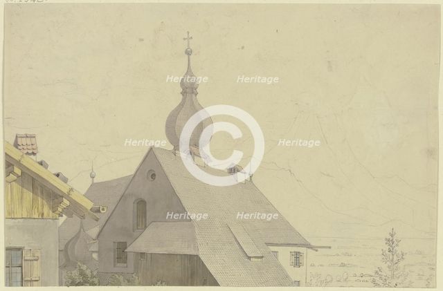 Tyrolean village church and the surrounding houses with a view of the Alps, 19th century. Creator: Karl Ballenberger.