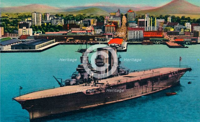 'U.S. Navy Plane Carrier at Anchor at Foot of Broadway. San Diego, California', c1941. Artist: Unknown.