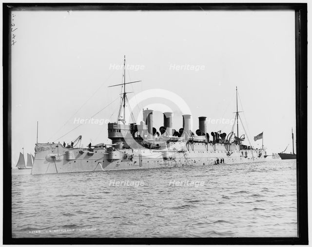 U.S. Battleship Columbia i.e. protected cruiser Columbia, between 1894 and 1899. Creator: Edward H Hart.