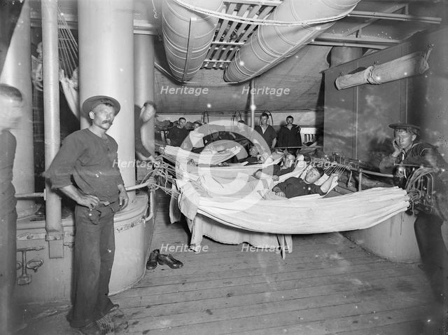 U.S.S. Brooklyn, hammocks on deck, between 1896 and 1899. Creator: Unknown.