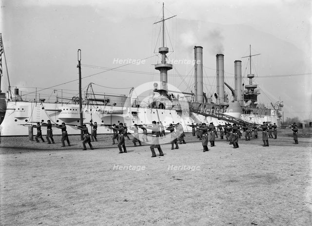 U.S.S. Brooklyn, Marine guard bayonet drill, (1897?). Creator: Unknown.