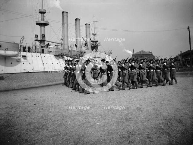 U.S.S. Brooklyn, Marine guard company drill, (1897?). Creator: Unknown.