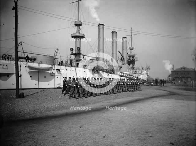 U.S.S. Brooklyn, Marine guard company drill by sections, (1897?). Creator: Unknown.
