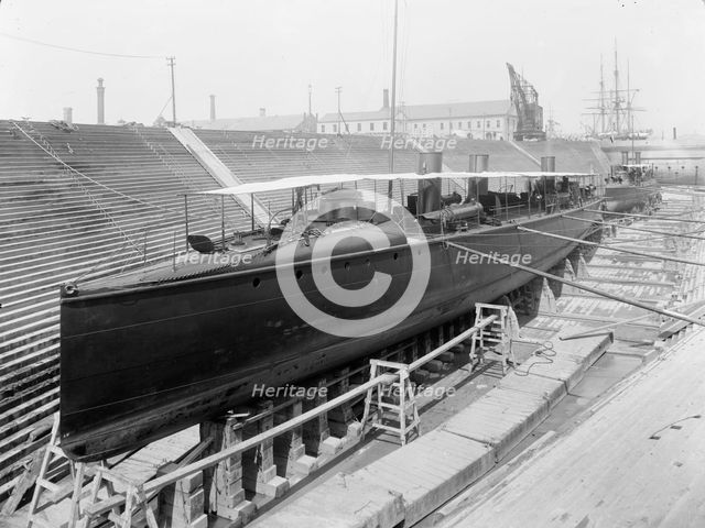 U.S.S. Ericsson in dry dock, Brooklyn Navy Yard, between 1897 and 1901. Creator: Unknown.