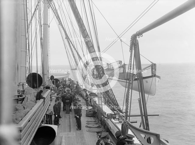 U.S.S. Hartford, inspection, looking aft., port side, between 1890 and 1901. Creator: Unknown.