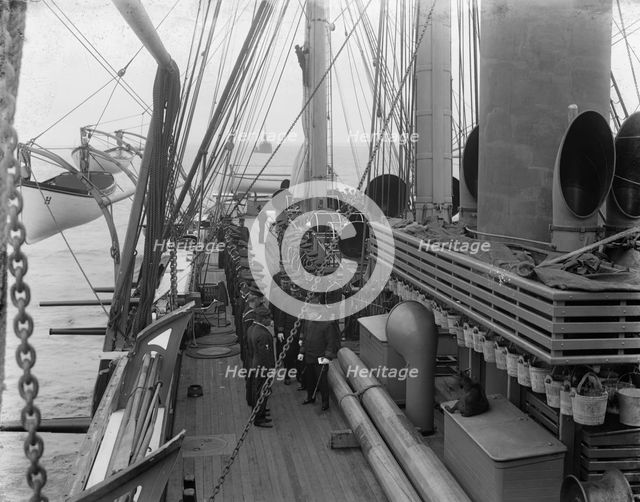 U.S.S. Hartford, inspection, looking aft., starboard side, between 1899 and 1901. Creator: Unknown.