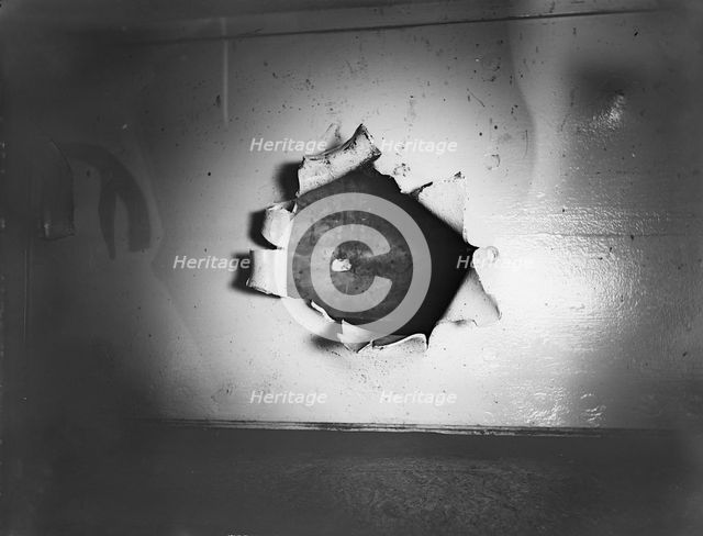 U.S.S. Iowa, damage from Spanish fire in Battle of Santiago, 1898. Creator: Unknown.
