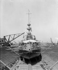 U.S.S. Oregon in dry dock, Brooklyn Navy Yard, 1898 Aug-Oct. Creator: William H. Jackson