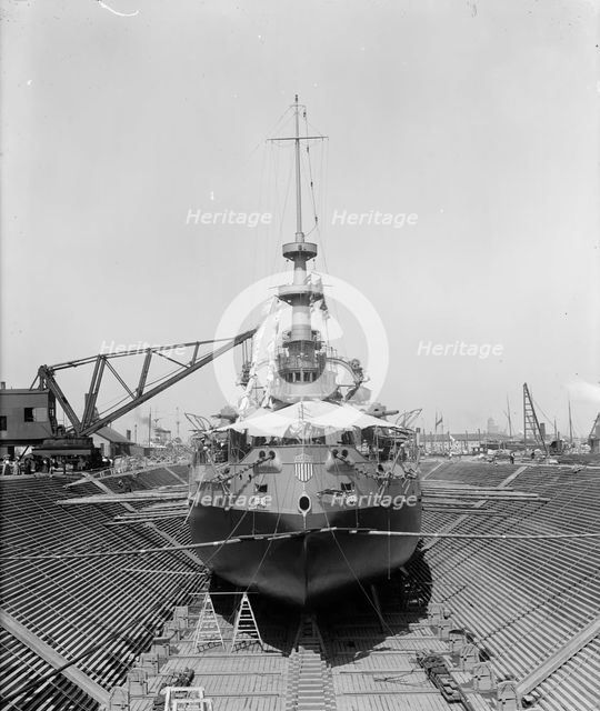 U.S.S. Oregon in dry dock, Brooklyn Navy Yard, 1898 Aug-Oct. Creator: William H. Jackson.