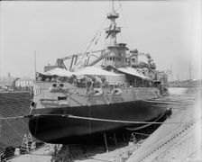 U.S.S. Oregon in dry dock, Brooklyn Navy Yard, 1898 Aug-Oct. Creator: Edward H Hart