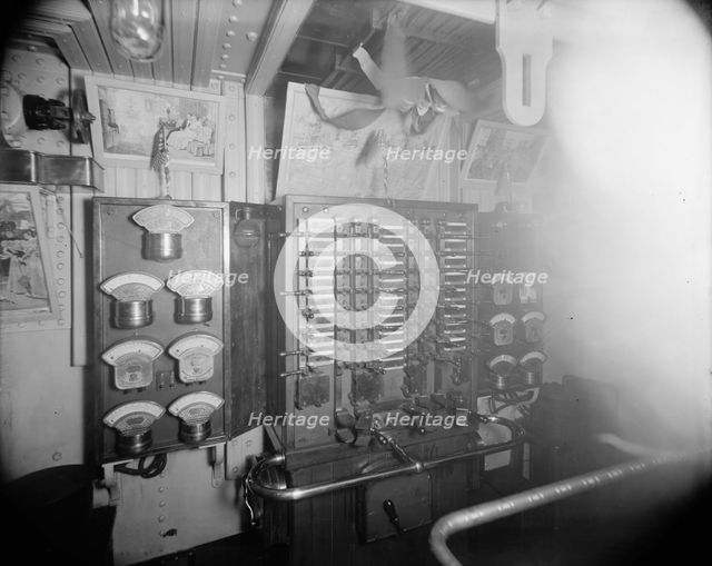 U.S.S. Oregon switchboard in dynamo room, between 1896 and 1901. Creator: Edward H Hart.