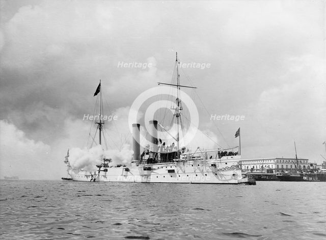 U.S.S. Montgomery firing last salute to Spanish flag at Havana, ca 1898. Creator: Unknown.