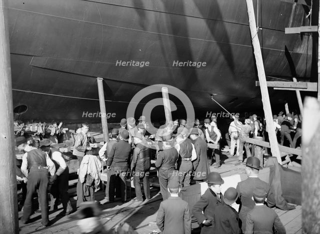 U.S.S. Maine, wedging up before launching, 1889. Creator: Unknown.