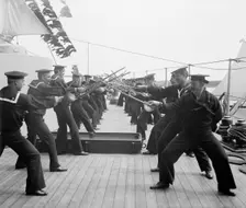 U.S.S. New York, single stick exercise, (1899?). Creator: Unknown