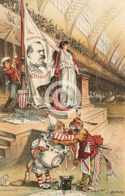 Um dieses Banner düfen die Unabhängigen sich scharen. Cartoon from Puck, between 1880 and 1889. Creator: Joseph Keppler.