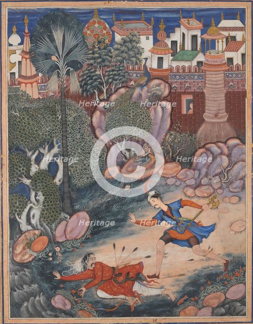 Umar Walks around Fulad Castle, Meets a Foot Soldier and Kicks Him to the Ground..., ca. 1570. Creator: Attributed to Kesav Das (.