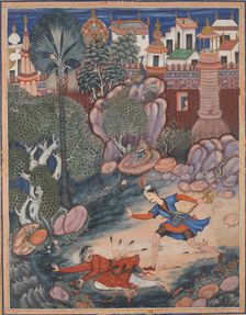 Umar Walks around Fulad Castle, Meets a Foot Soldier and Kicks Him to the Ground..., ca. 1570. Creator: Attributed to Kesav Das (