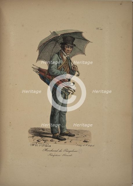 Umbrella seller. From the Series "Cris de Paris" (The Cries of Paris), 1815. Creator: Vernet, Carle (1758-1836).