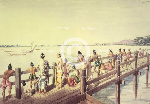 Umeerapoora, from the long wooden Bridge, crossing the Lake Toung-ummah, 1855. Creator: Colesworthy Grant.