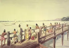 Umeerapoora, from the long wooden Bridge, crossing the Lake Toung-ummah, 1855. Creator: Colesworthy Grant
