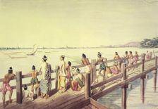 Umeerapoora, from the long wooden Bridge, crossing the Lake Toung-ummah, 1855. Creator: Colesworthy Grant