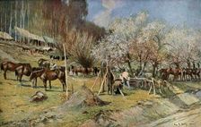 Un campement de cavalerie pres de Vailly sous les pommiers en fleurs 1917. Creator: Francois Flameng