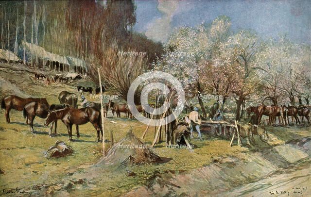 'Un campement de cavalerie pres de Vailly sous les pommiers en fleurs', 1917. Creator: Francois Flameng.