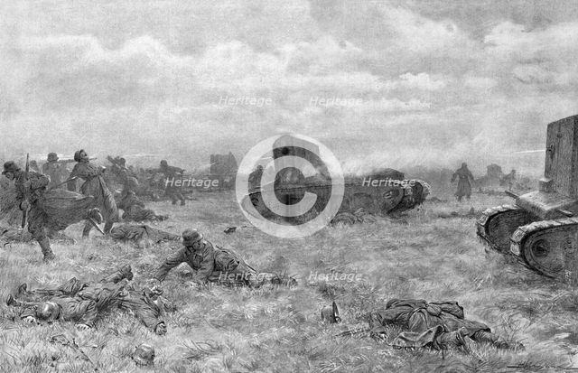 'Un charge de tanks; des tanks rapides de l'armee Britannique chargent et dispersent..., 1918. Creator: J Simont.