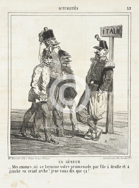 Un gêneur: Mes amours, ici se termine votre promenade, pas file à droite et a gauche en..., 1864. Creator: Cham.