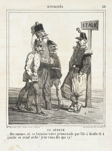 Un gêneur: Mes amours, ici se termine votre promenade, pas file à droite et a gauche en..., 1864. Creator: Cham