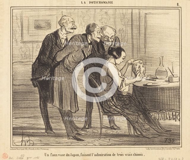 Un faux vase du Japon, faisant l'admiration de trois vrais chinois, 1855.  Creator: Honore Daumier.