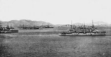 Un mouvement national a Salonique; L'escadre franco-britannique au mouillage de Salamine 1916. Creator: Unknown