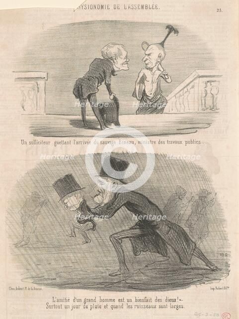 Un solliciteur guettant l'arrivée du sauvage Bineau, ministre des travaux publics, 19th century. Creator: Honore Daumier.