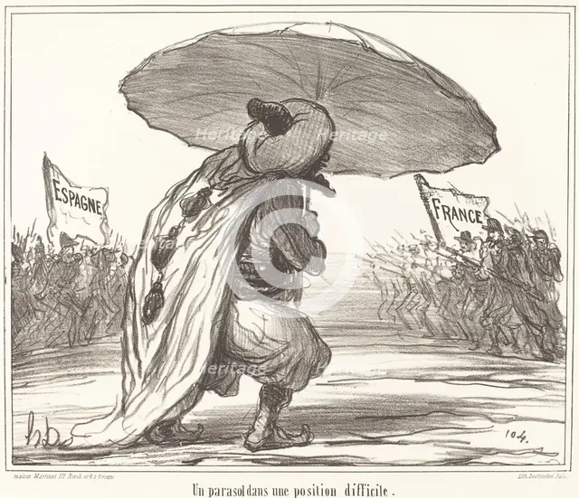 Un parasol dans une position difficile, 1859. Creator: Honore Daumier.