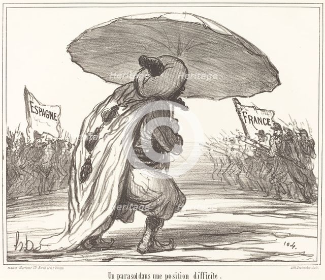 Un parasol dans une position difficile, 1859. Creator: Honore Daumier.