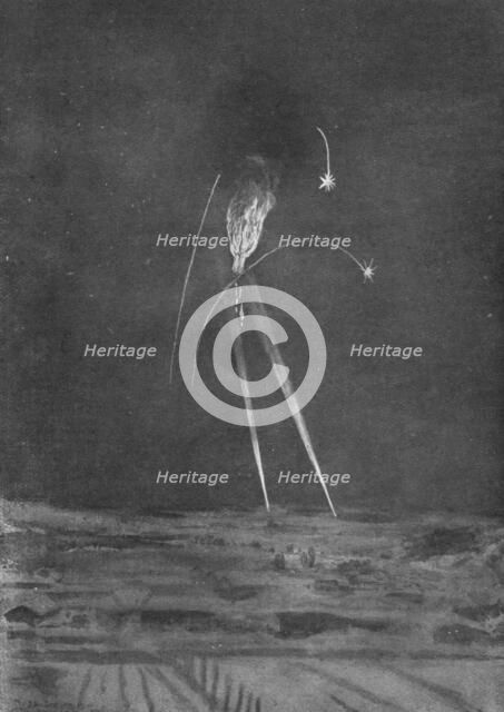 'Un Zeppelin abattu a Revigny; La chute: le zeppelin tombe comme une torche surmontee d'une e'paisse Creator: Unknown.