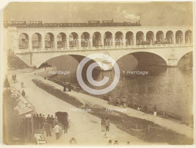 Untitled, 1870/79. [Steam locomotive on the upper level of a bridge...]. Creator: Unknown.
