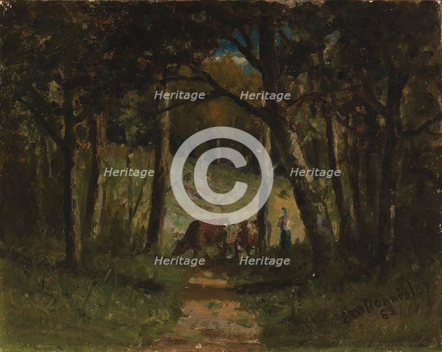 Untitled (cows on path in forest), 1883. Creator: Edward Mitchell Bannister.