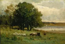 Untitled (cattle near river with sailboat in distance), n.d. Creator: Edward Mitchell Bannister
